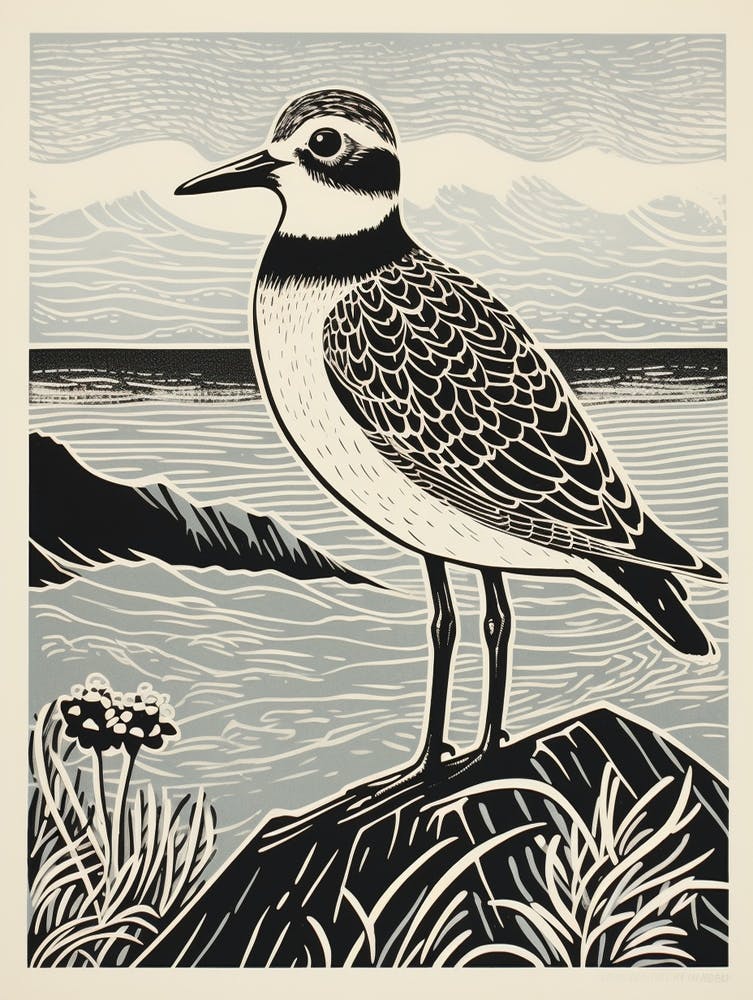 B&W Bird Linocut Grey Plover 1