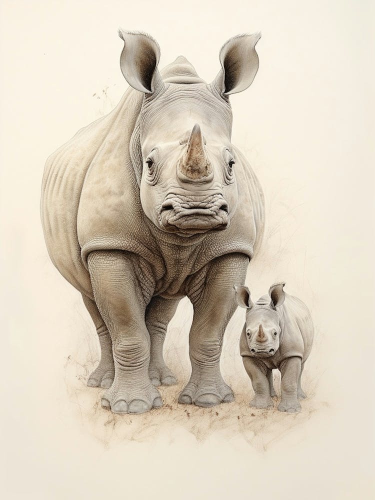 Rhino & Baby Rhino Detailed Illustration 3
