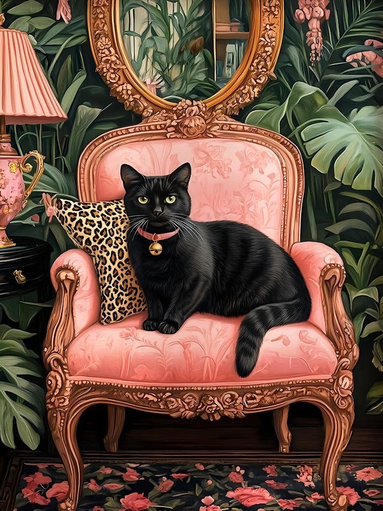 Tropical Black Cat On Sofa Poster Print, Funny Black Cat Wall Art Maximalist Wall Art Dopamine Decor Preppy Decor Trendy Girly Wall Decor