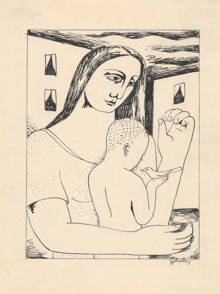 Mother And Child Playing With A Bird, Mikuláš Galanda