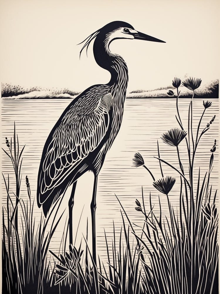 B&W Bird Linocut Great Blue Heron 2