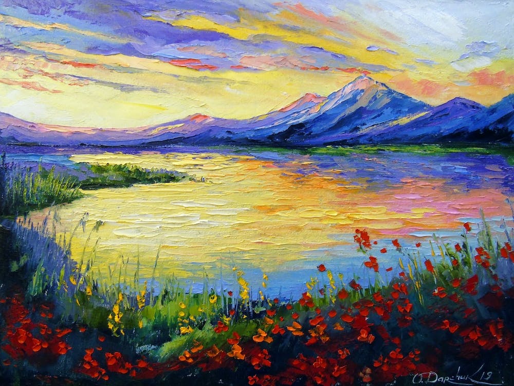Flowers by the evening lake