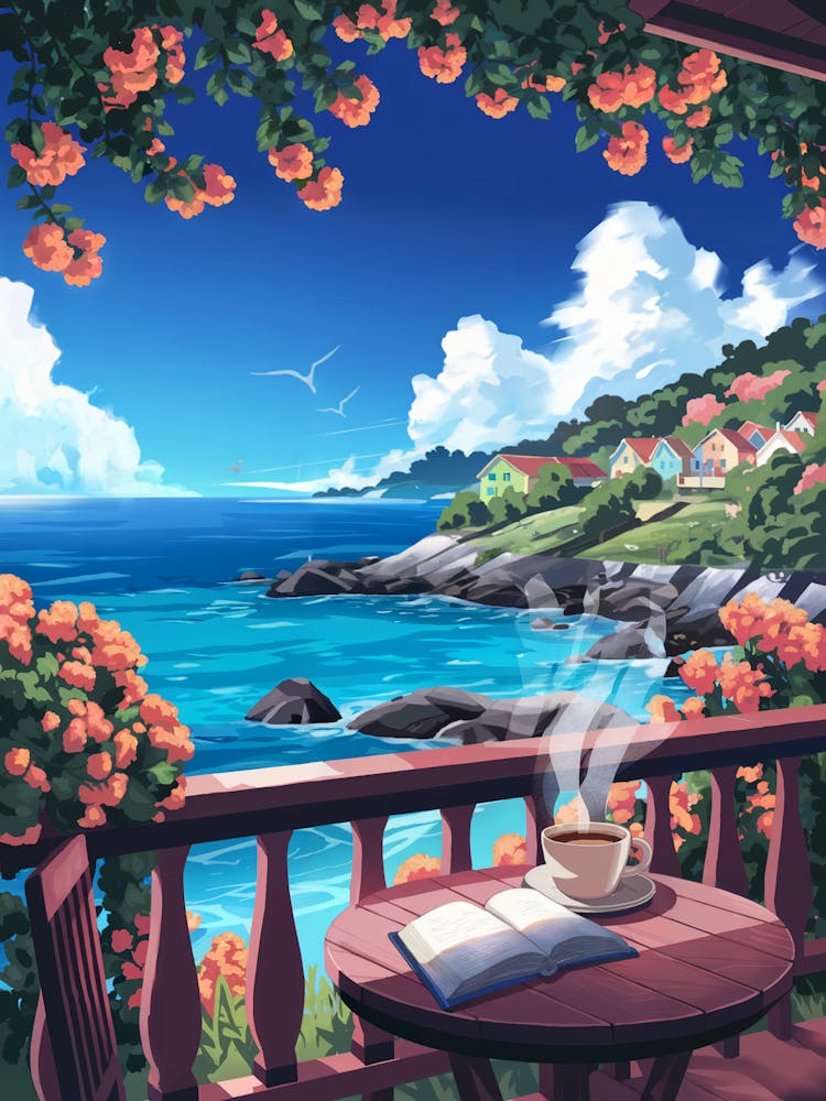 Anime Canvas Art: Coastal Balcony with Coffee and Book, Overlooking Vibrant Ocean and Hillside Houses, Perfect for Lofi and Relaxation Aesthetic Enthusiasts.