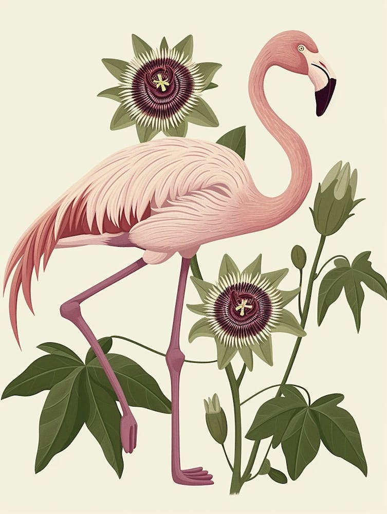 Lesser Flamingo And Passionflowers Minimalist Illustration 3