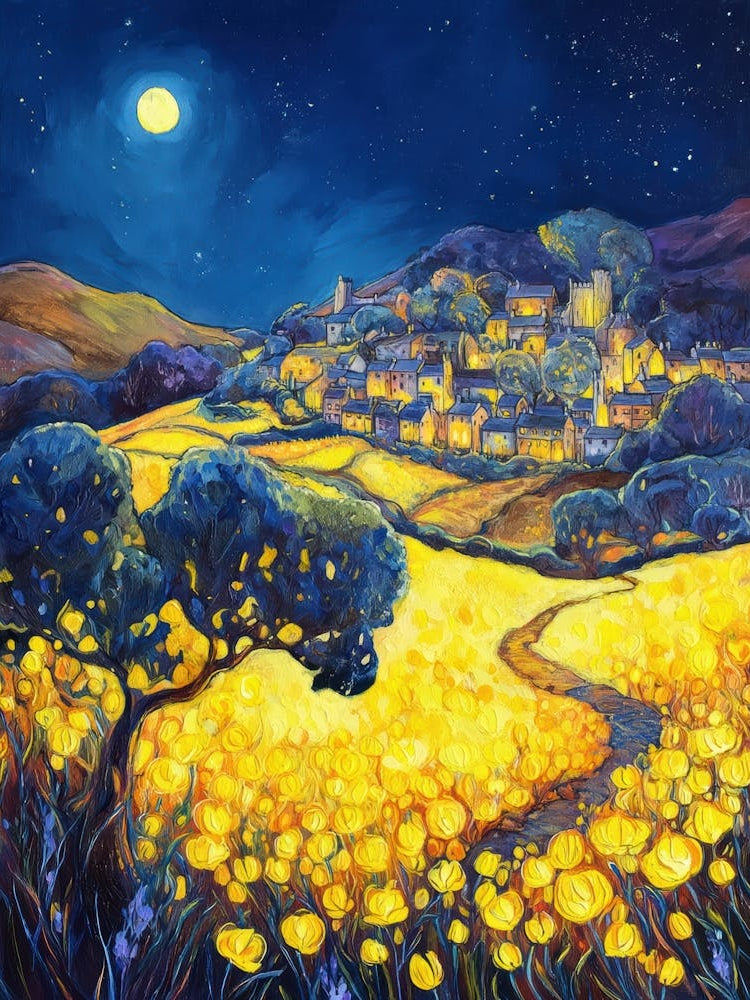 Yellow Poppy Fields At Night