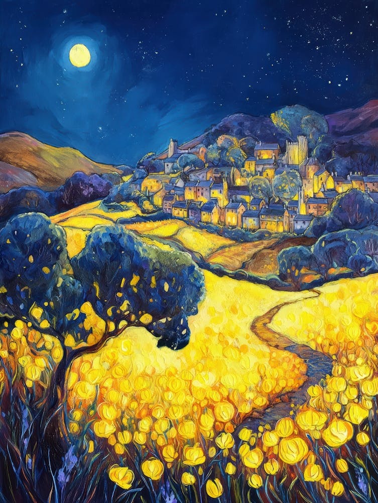 Yellow Poppy Fields At Night
