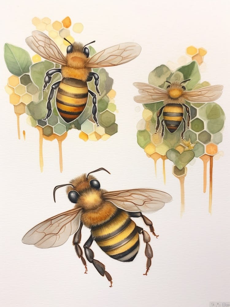Bumble Bee Hoverfly Bee Beehive Watercolour Illustration 3