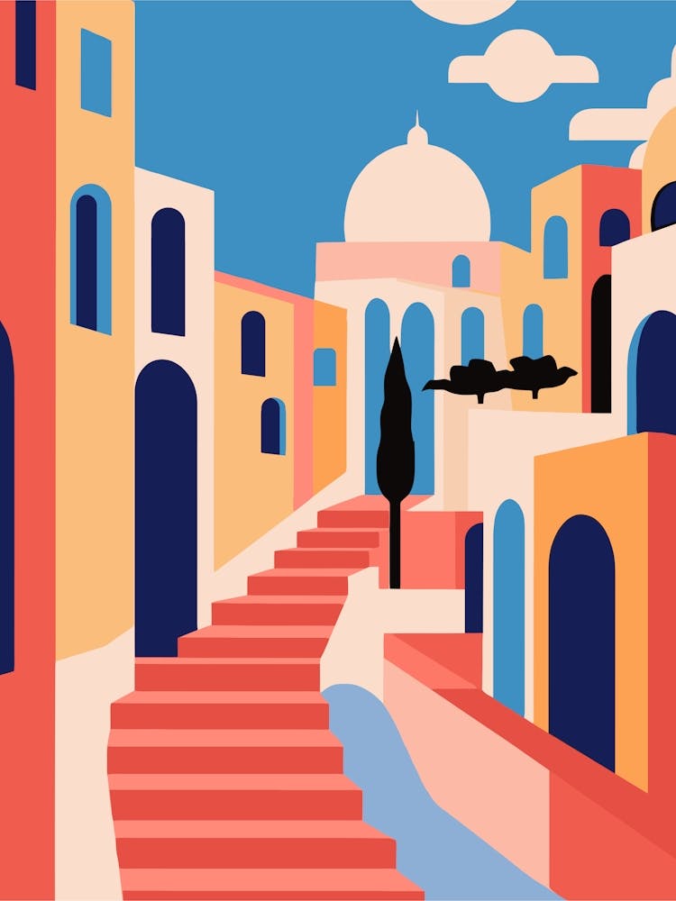 Flat Vector Santorini Gelassenheit Griechenland Stadt