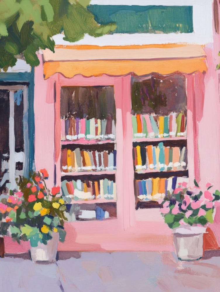 Book Store in Pink Gouache Painting