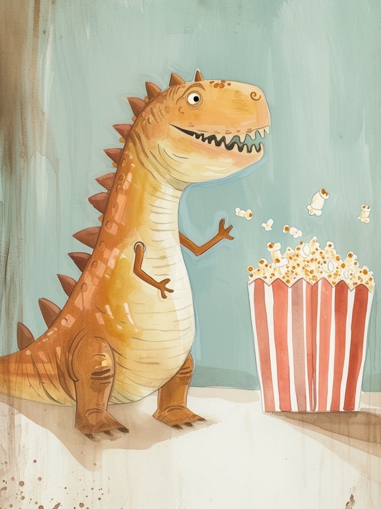 Cute Dinosaur Eating Popcorn