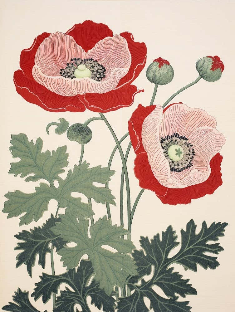 Hanaichige Japanese Anemone 2 Vintage Botanical Woodblock