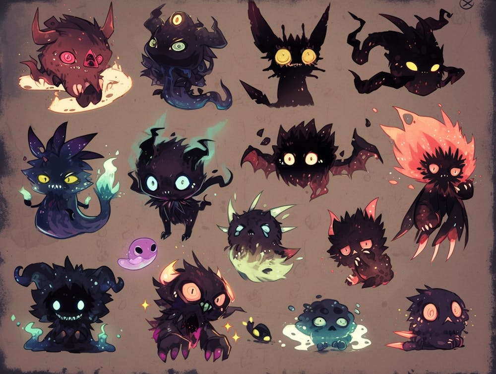 Pack Cute Monsters, Sloppy Pencil Style, Don T Starve Style, Little Creatures, Chibi Monsters, Drawing On The Old Paper, Darkness Mystical Creatures, Cute Creepy Mystical, Creepy Dark , Pastel Colors, Dark Background