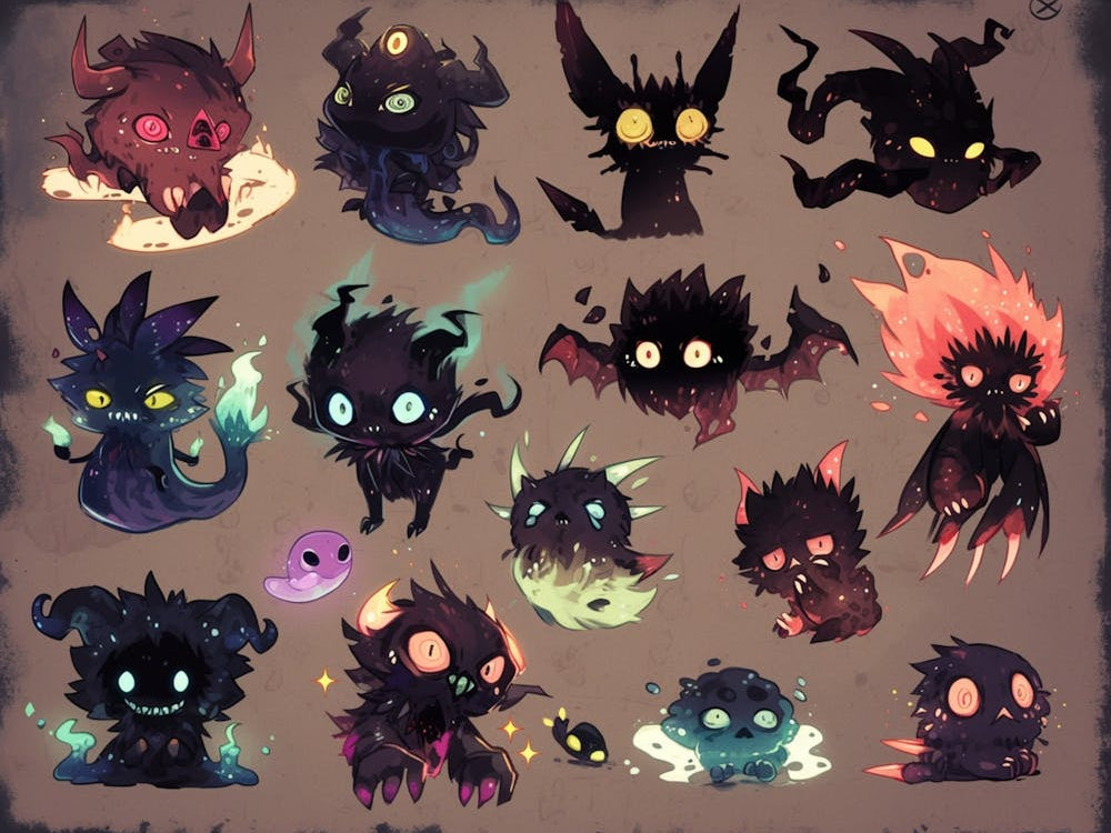 Pack Cute Monsters, Sloppy Pencil Style, Don T Starve Style, Little Creatures, Chibi Monsters, Drawing On The Old Paper, Darkness Mystical Creatures, Cute Creepy Mystical, Creepy Dark , Pastel Colors, Dark Background