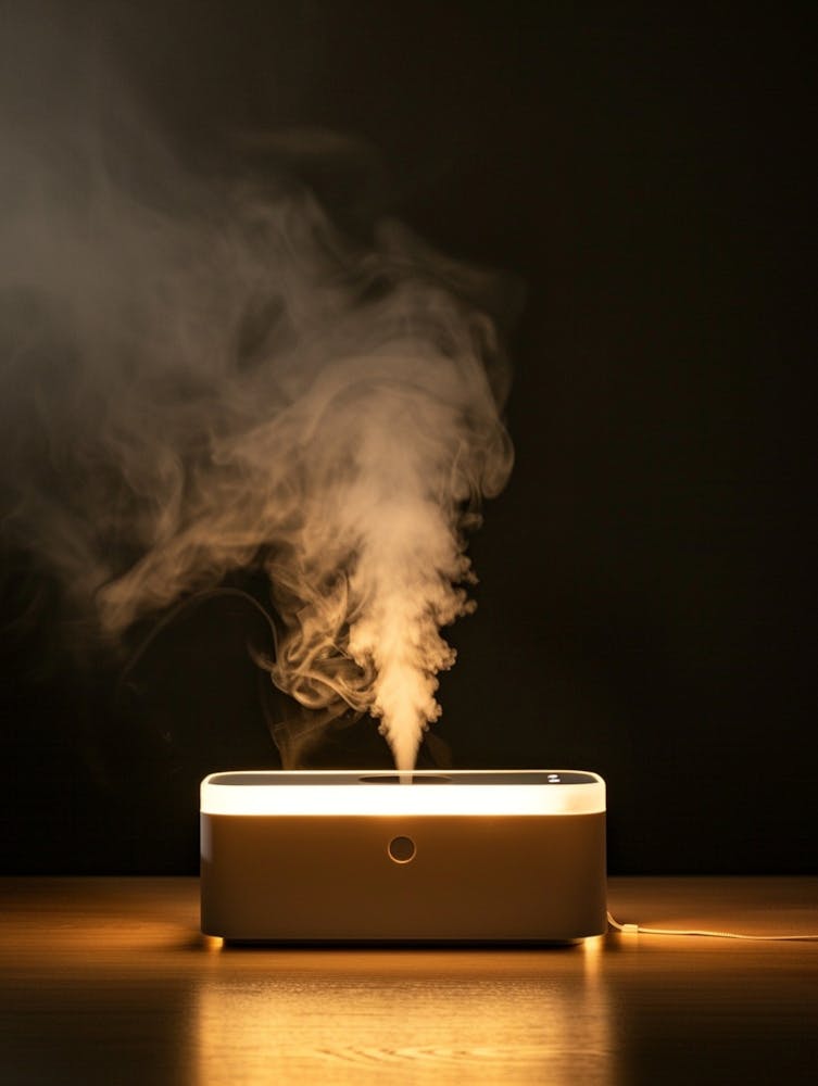 Full Screen White Horizontal Rectangle Humidifier With Rgb Backlight, In The Dark On A Beautiful Tabletop, Voluminous And Impressive Picture, Digital Style, Product Photography