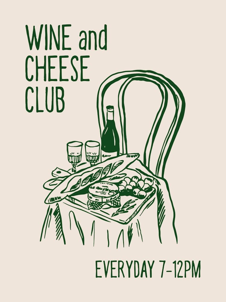 Wine and Cheese Club Poster, French Wine Glass Poster, Cheese Board Art, Home Decor Gift