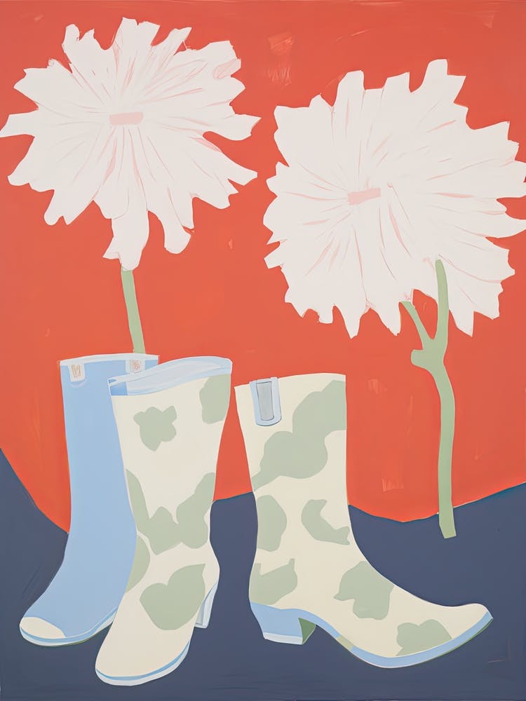 A Painting Of Cowboy Boots With White Flowers, Pop Art Style 4