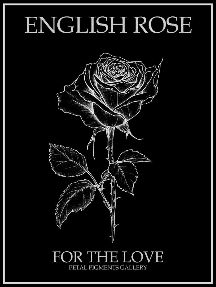 English Rose Black And White Line Drawing 4 Poster Inverted