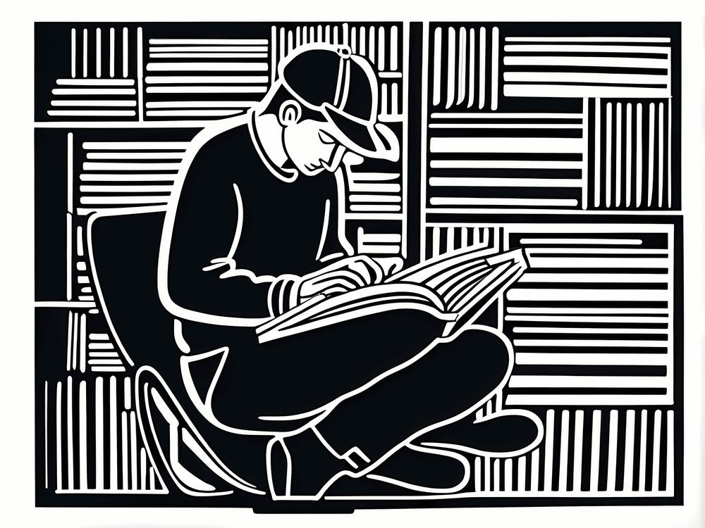 Lion cut inspired Black and white Stylized portrait of a Person reading a book, reading art, book worm, Reader, 192