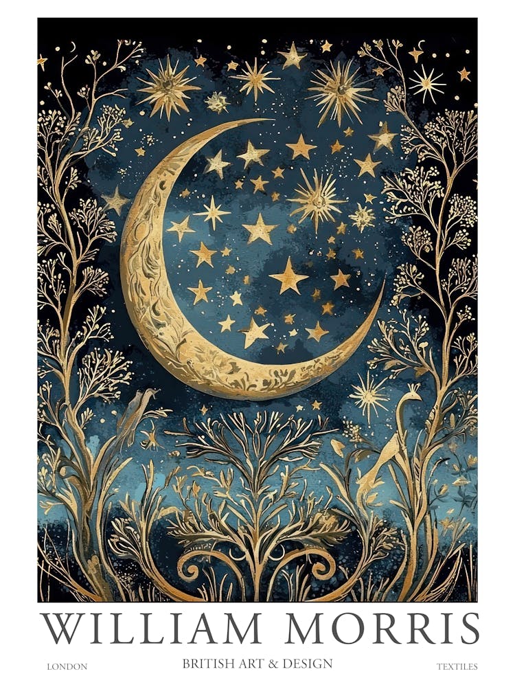 William Morris Art Stars Moon Night Morris Exhibition Print Botanical Poster Gold Vintage