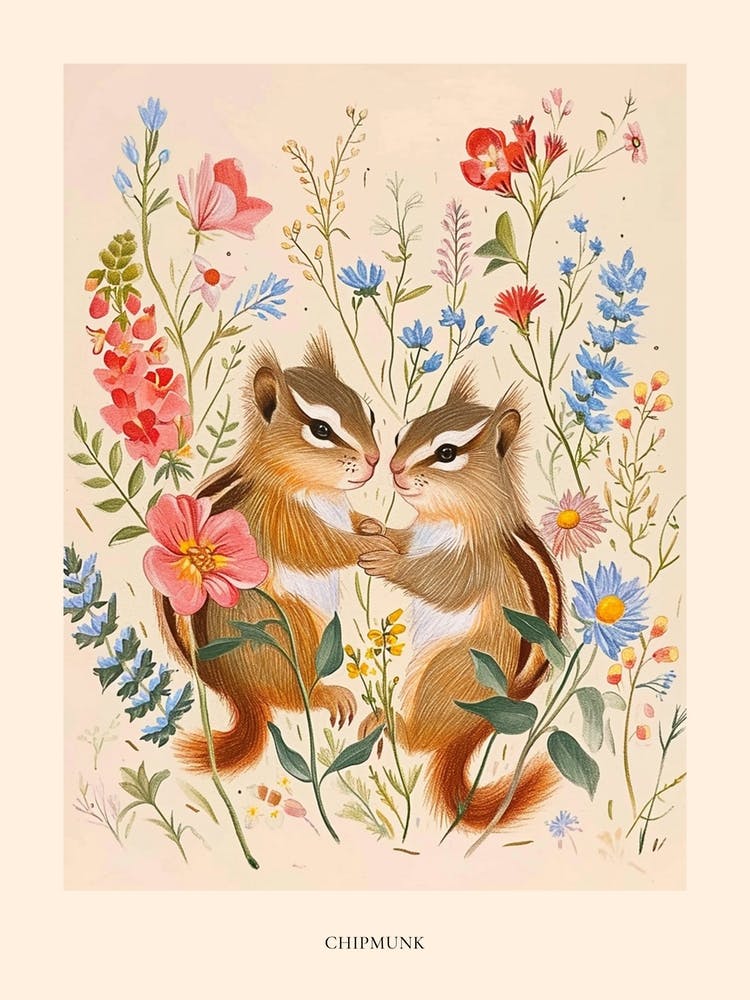 Folksy Floral Animal Drawing Chipmunk 4 Poster