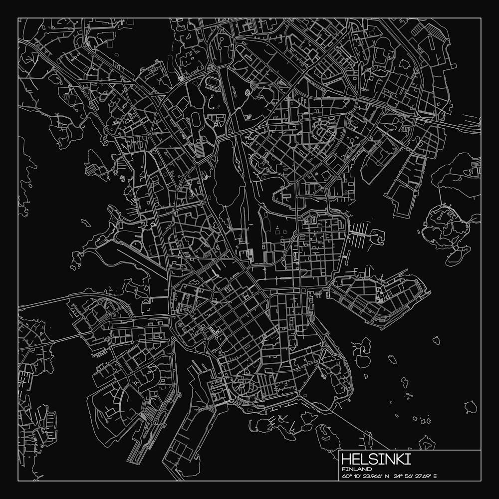 Helsinki Finland city map white on black blueprint design