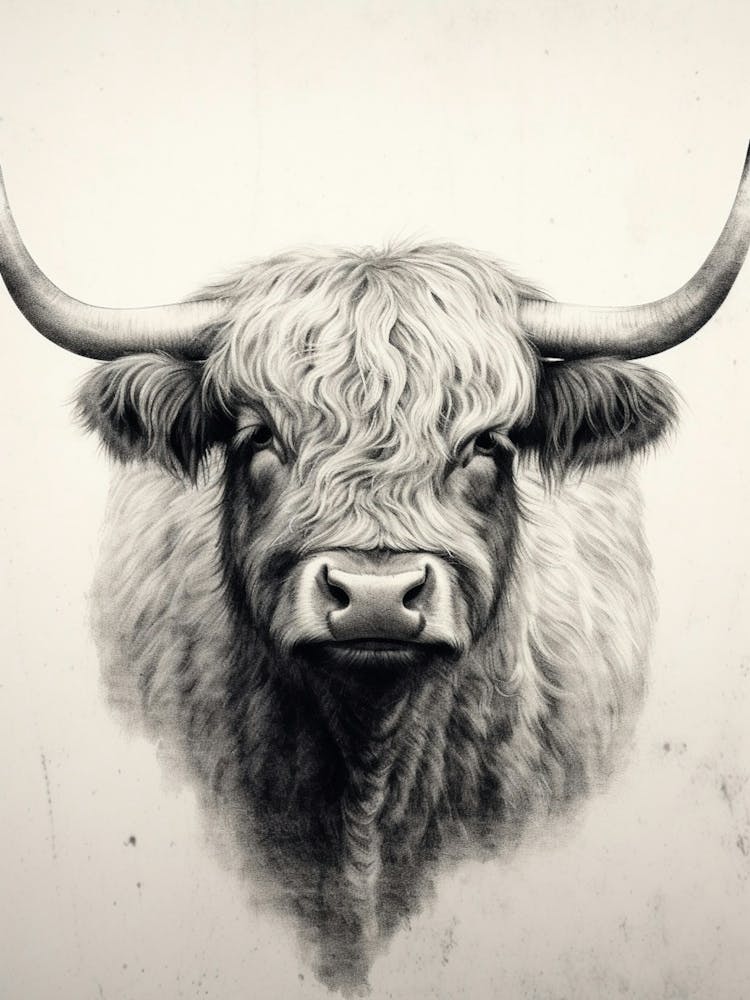 Black & White Ink Painting Of Highland Cow 5