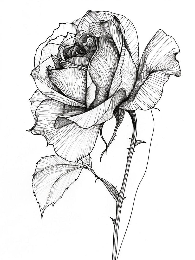 English Rose Black And White Line Drawing 5