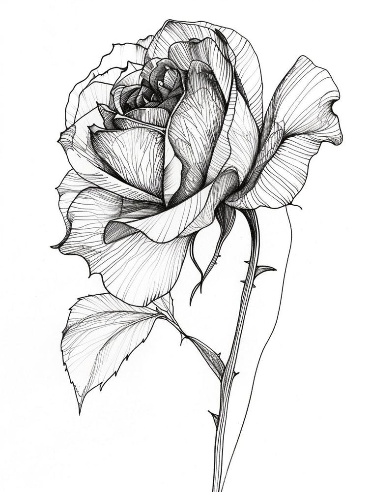 English Rose Black And White Line Drawing 5