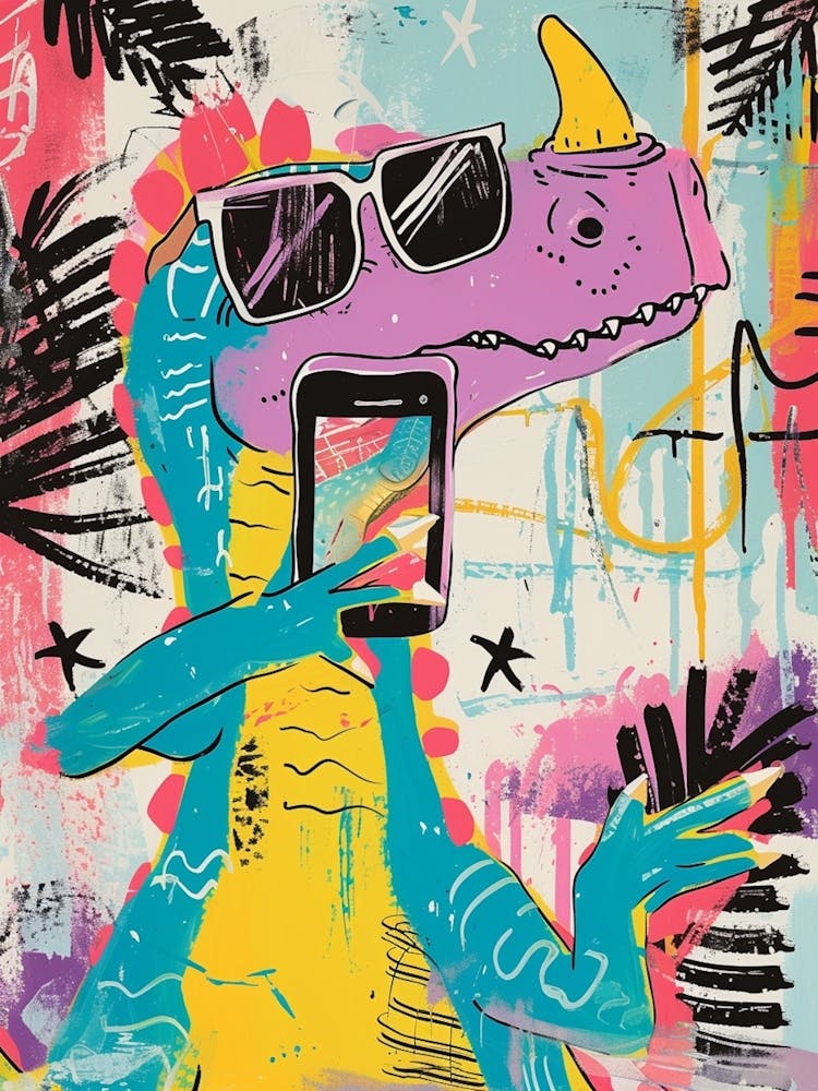 Dinosaur On The Phone Purple Graffiti Style 2