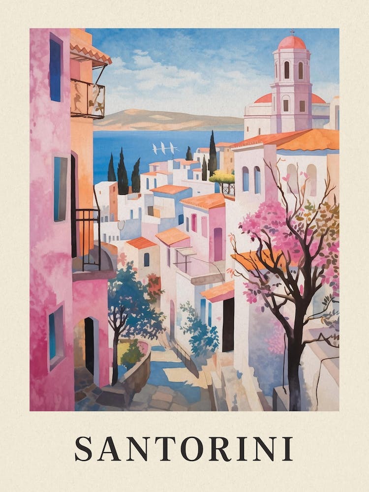 Santorini Greece 3 Vintage Pink Travel Illustration Poster