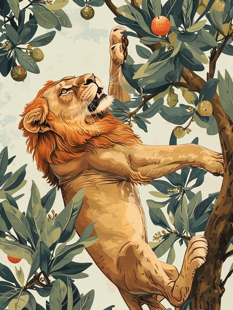 Barbary Lion Climbing A Tree Illustration 3