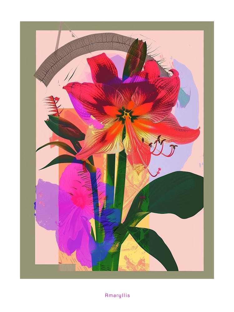 Amaryllis 7 Neon Flower Collage Poster