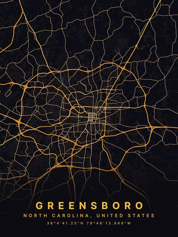 Greensboro North Carolina USA Black And Gold Map