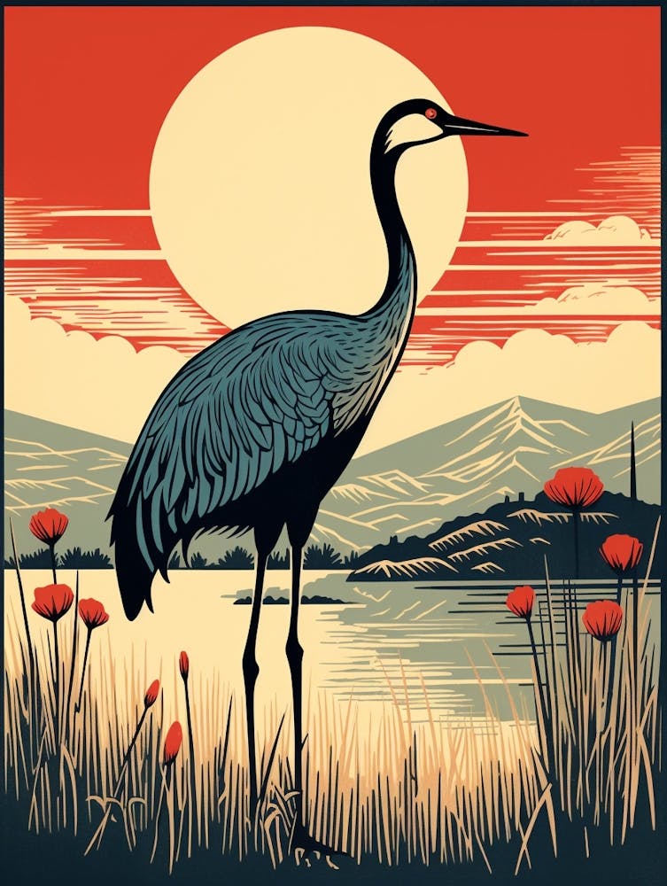 Vintage Bird Linocut Crane 2