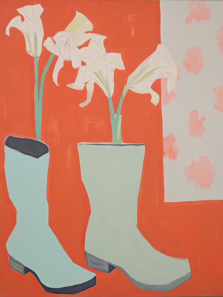 Painting Of White Flowers And Cowboy Boots, Oil Style 9