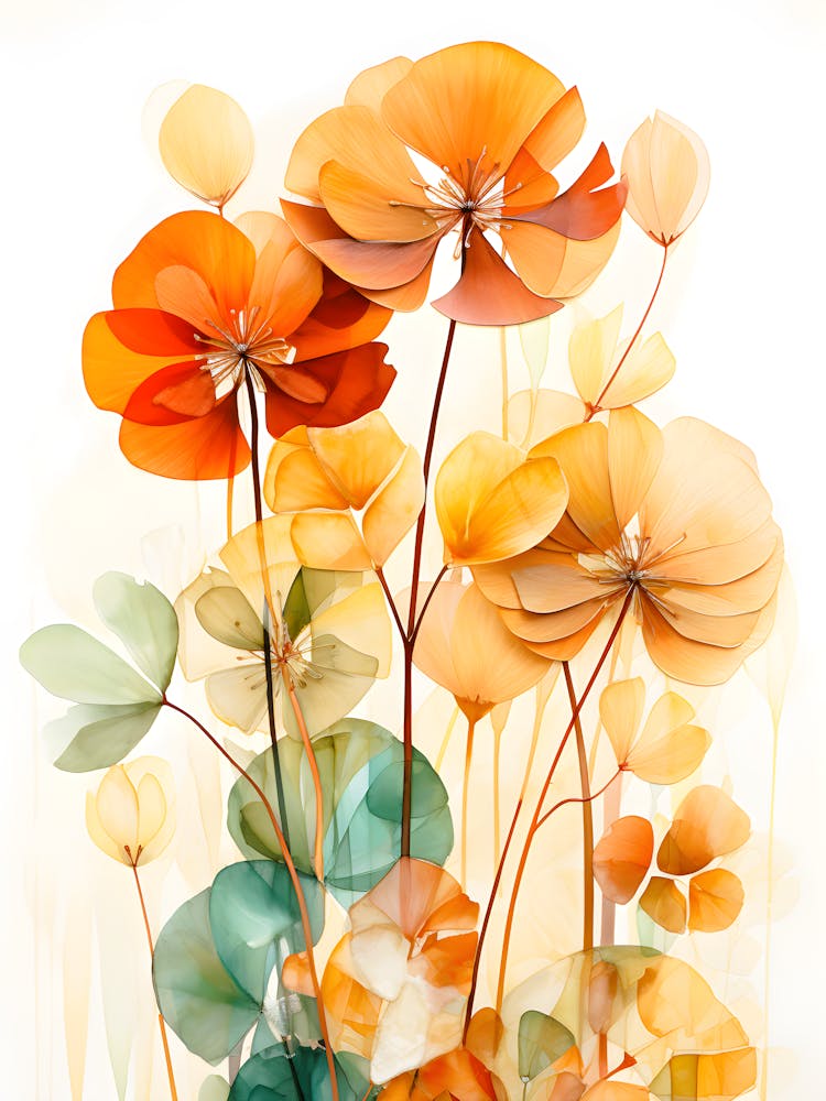 Ethereal Botanical Warm Orange Floral Digital Painting Modern Nature Wall Decor