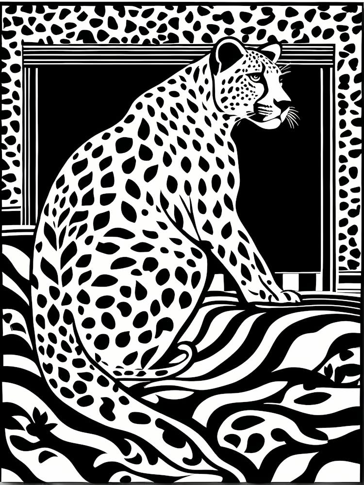 Cheetah Lino cut Black And White Lines, animal art, 174