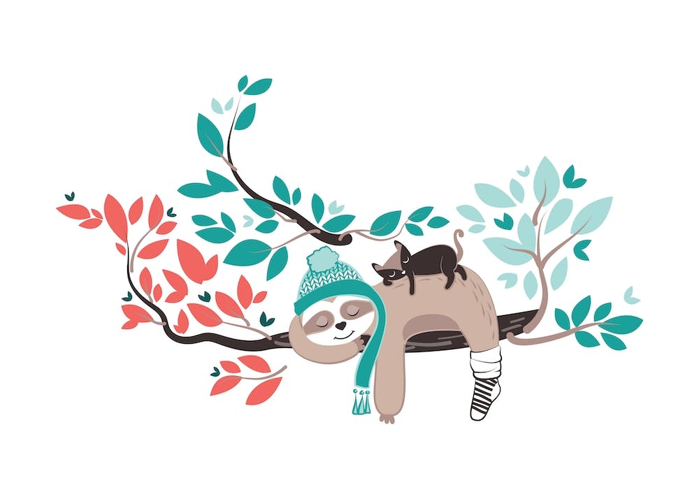 Hygge sloth // winter cozy cute animal sleeping in a tree kids room nursery with cat