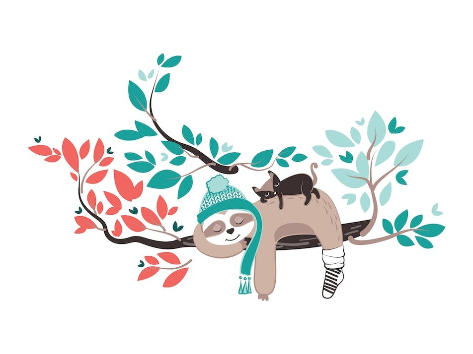 Hygge sloth // winter cozy cute animal sleeping in a tree kids room nursery with cat