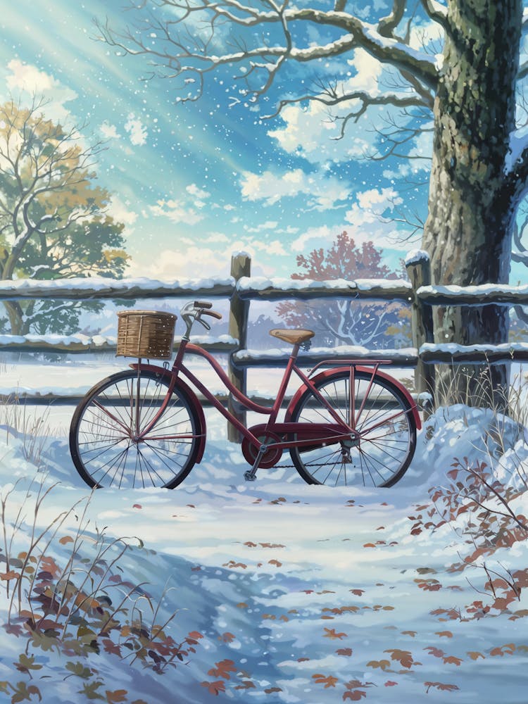Anime Canvas Art: Serene Winter Scene with Vintage Bicycle and Falling Snow, Perfect for Lofi Aesthetic and Nature Lovers.