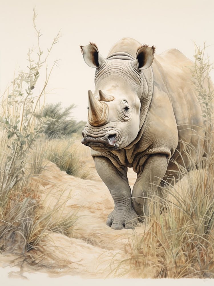Rhino Walking Through Nature Vintage Illustration 3