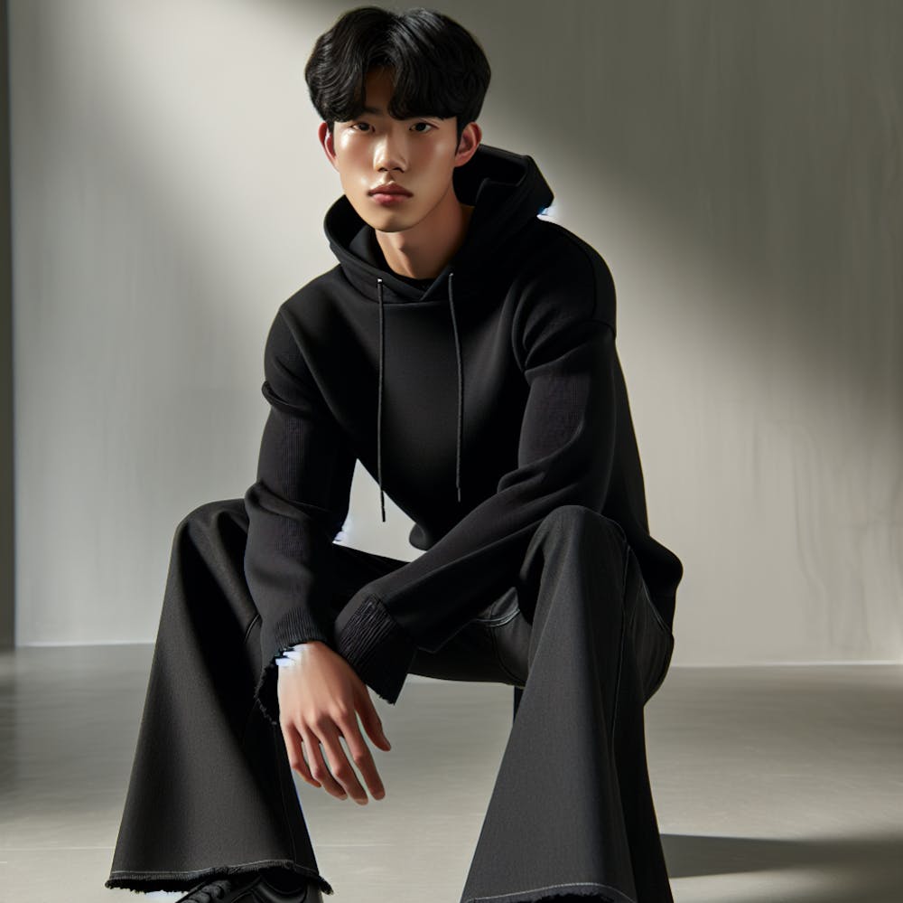 AI art Post-1 ( Asian Guy with Black Hoodie and Bell Bottom for Modelling )
