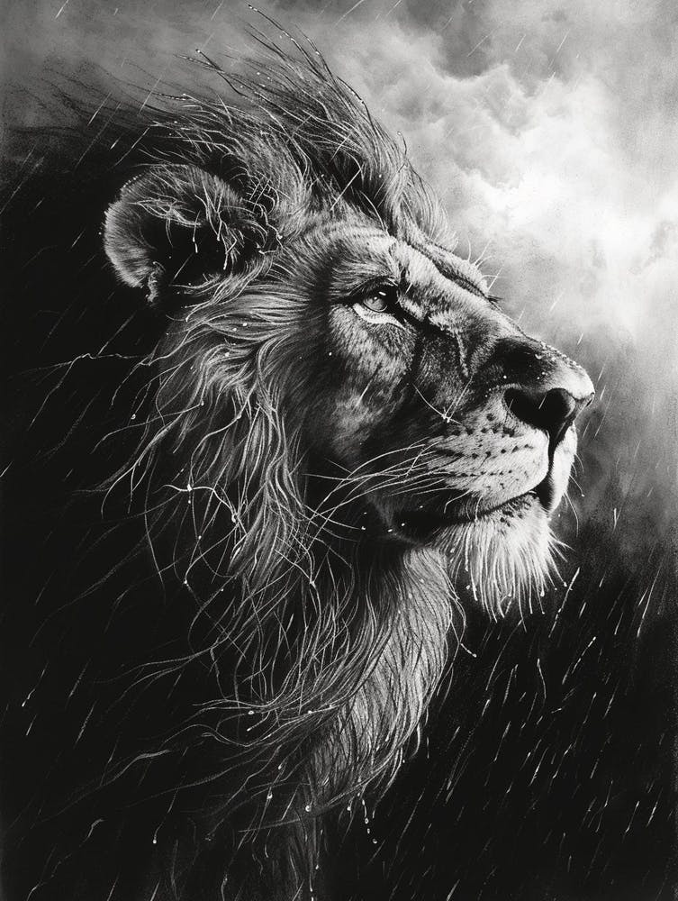 Barbary Lion Charcoal Drawing Facing A Storm 3