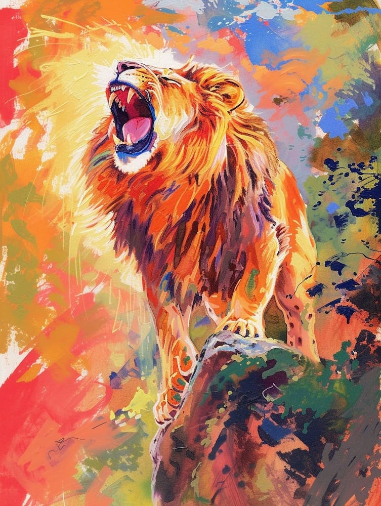 Asiatic Lion Roaring On A Cliff Fauvist Painting 2
