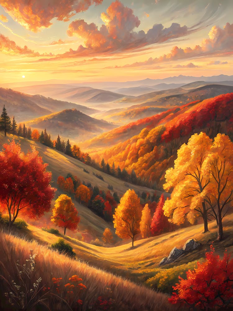 Oil Painting Style Vibrant Autumn Hills Rustic Landscape with Colorful Foliage