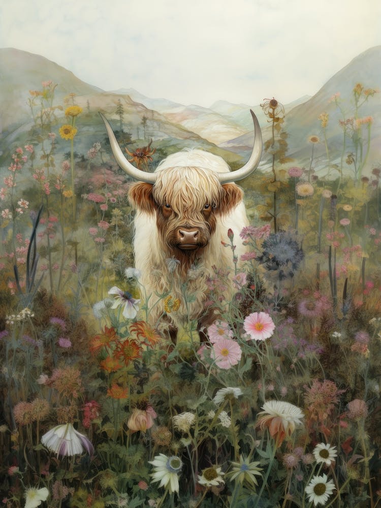 Highland Cow in the Flowers