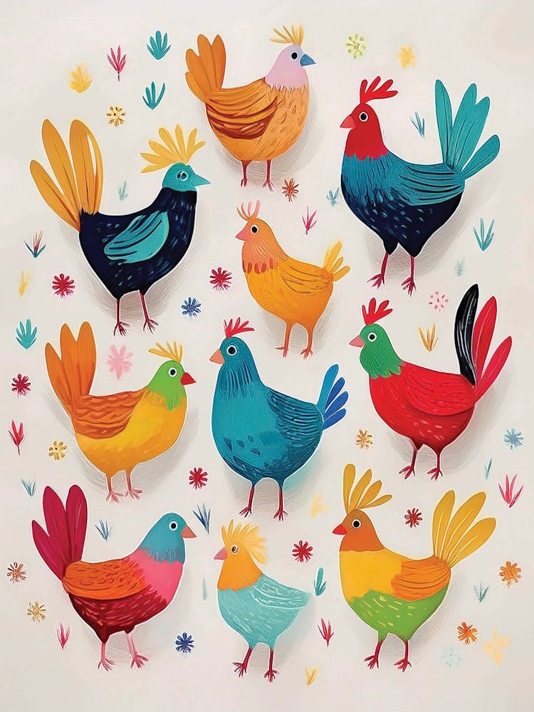 Chickens painting, colorful decorative painting, nursery, nursery art, cute print, nursery decor, kindergarten decor, nursery decor.Bright Nursery, nursery art prints, nursery wall art print.5 1