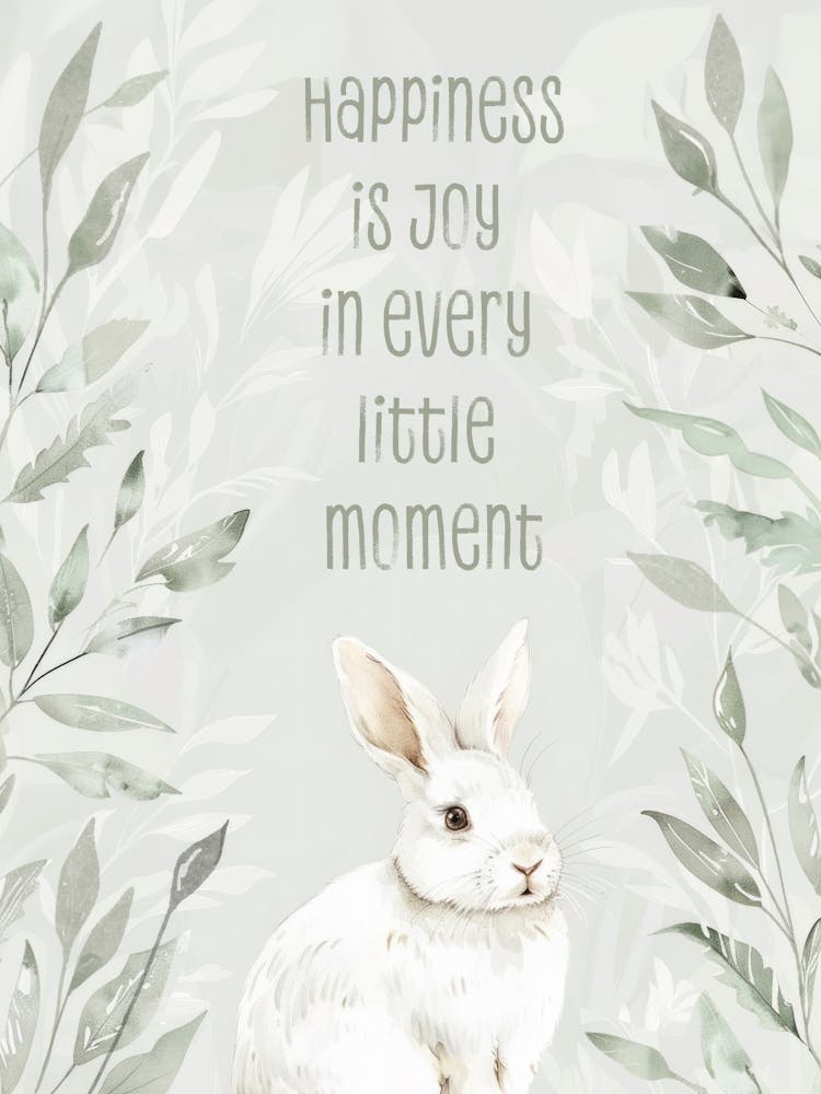Happiness Is Joy In Every Little Moment. White Bunny with Sage Green Leaves. Watercolor Illustration and Quote Kids Room. Vintage Nursery