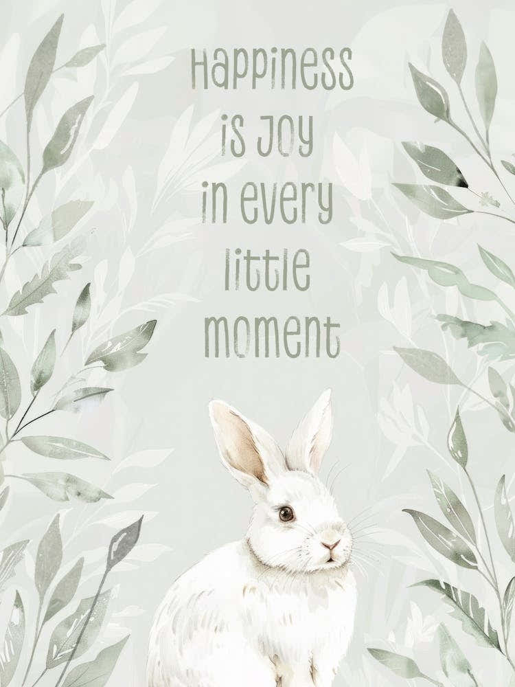 Happiness Is Joy In Every Little Moment. White Bunny with Sage Green Leaves. Watercolor Illustration and Quote Kids Room. Vintage Nursery