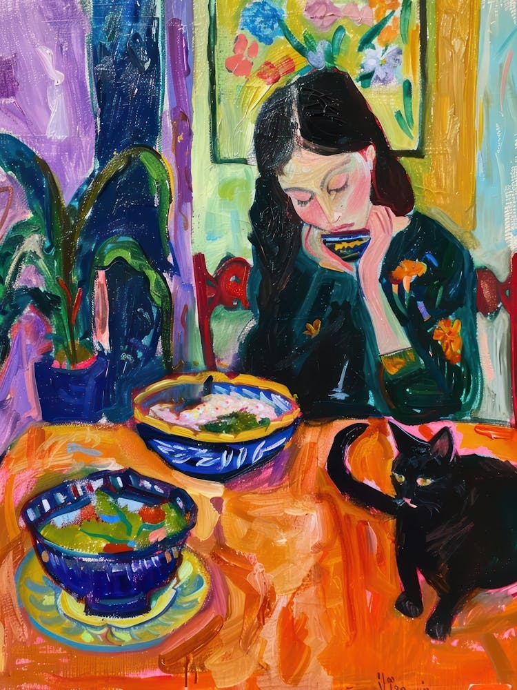 Girl With Cats Eating Noodles